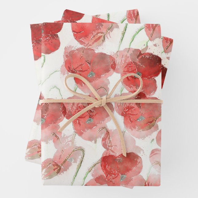 Feuille De Papier Cadeau Aquarelle Fleurs de pavot rouge (En situation)