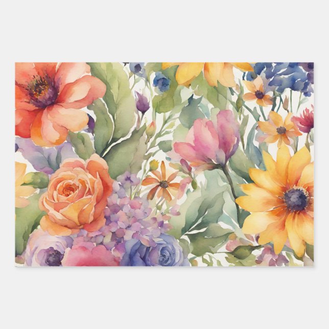 Feuille De Papier Cadeau Aquarelle Fleurs d'été (Devant)