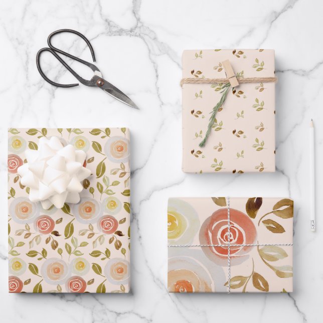 Feuille De Papier Cadeau Aquarelle Floral Rose (Recto)