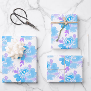 Feuille De Papier Cadeau Aquarelle florale, bleu violet vif peint à la main
