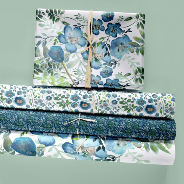 Feuille De Papier Cadeau Aquarelle Florale Découpage bleu Cadeau (Watercolor Stylish Elegant Floral Greenery Wrapping Paper Sheets. Jenn Steffen-Studio Posies. )