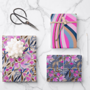 Feuille De Papier Cadeau Aquarelle florale en bleu vénitien rose cèdre