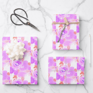 Feuille De Papier Cadeau Aquarelle florale, rose violet peint à la main