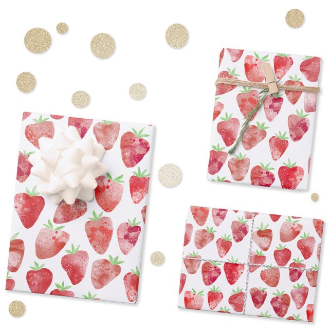 Feuille De Papier Cadeau Aquarelle fraise (Strawberry watercolor pattern gift wrapping paper with original art by Nic Squirrell)