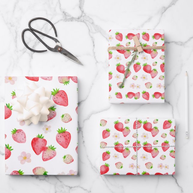 Feuille De Papier Cadeau Aquarelle fraise sauvage Anniversaire (Recto)