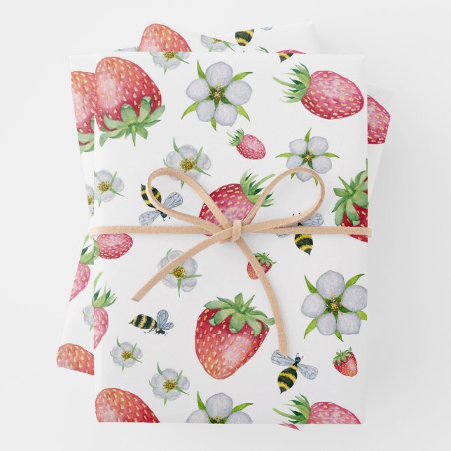 Feuille De Papier Cadeau Aquarelle Fruit fraise, abeilles et fleurs (En situation)