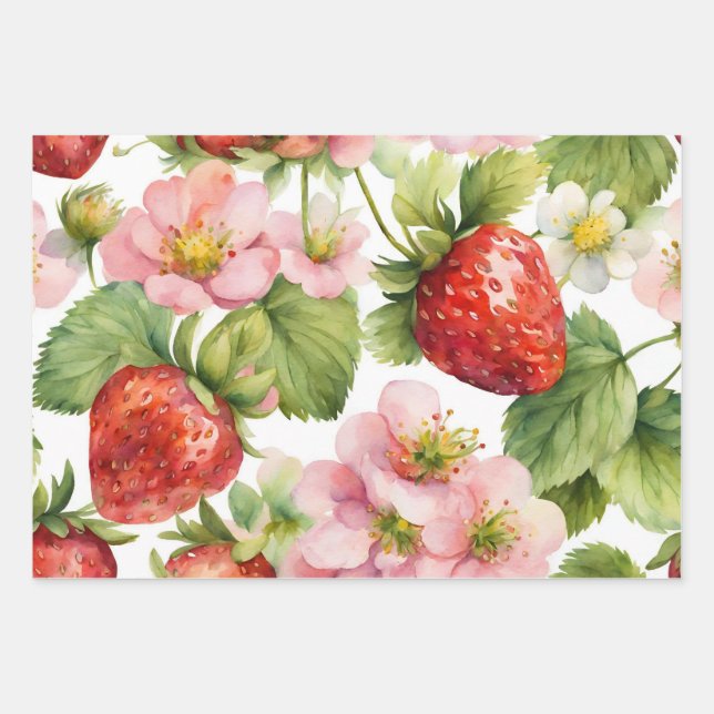 Feuille De Papier Cadeau Aquarelle Fruit fraise et Fleurs roses (Devant)