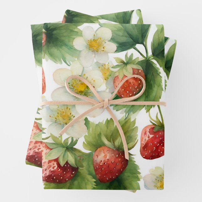 Feuille De Papier Cadeau Aquarelle Fruits fraises et fleurs fraises (En situation)