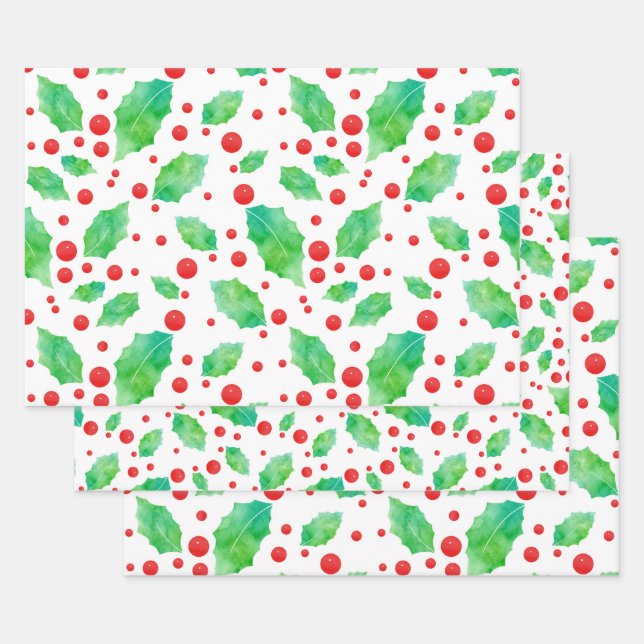 Feuille De Papier Cadeau Aquarelle Holly Motif (Lot)