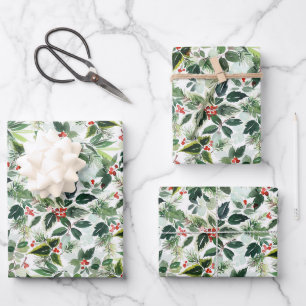 Feuille De Papier Cadeau Aquarelle Holly verdure Noël Motif