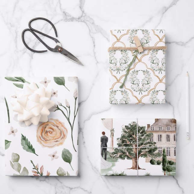 Feuille De Papier Cadeau Aquarelle mariage Fête des mariées (Recto)