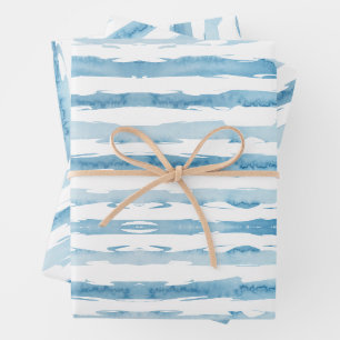 Feuille De Papier Cadeau Aquarelle marine bleu blanc peint rayé