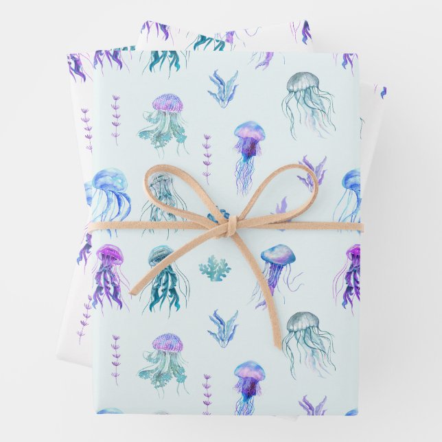 Feuille De Papier Cadeau Aquarelle méduse et algues (En situation)