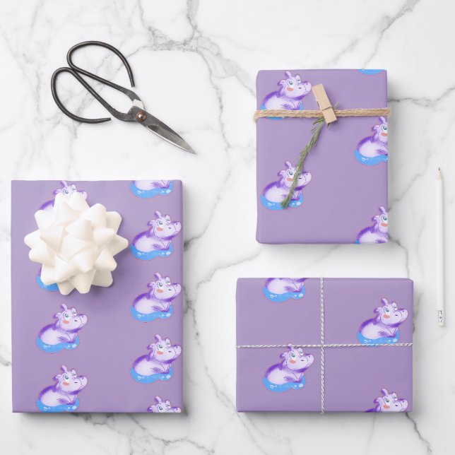 Feuille De Papier Cadeau Aquarelle mignonne Baby Hippo (Recto)