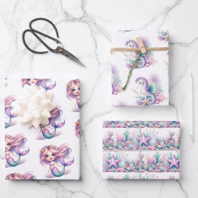 Feuille De Papier Cadeau Aquarelle mignonne mauve et turquoise sirène (Recto)