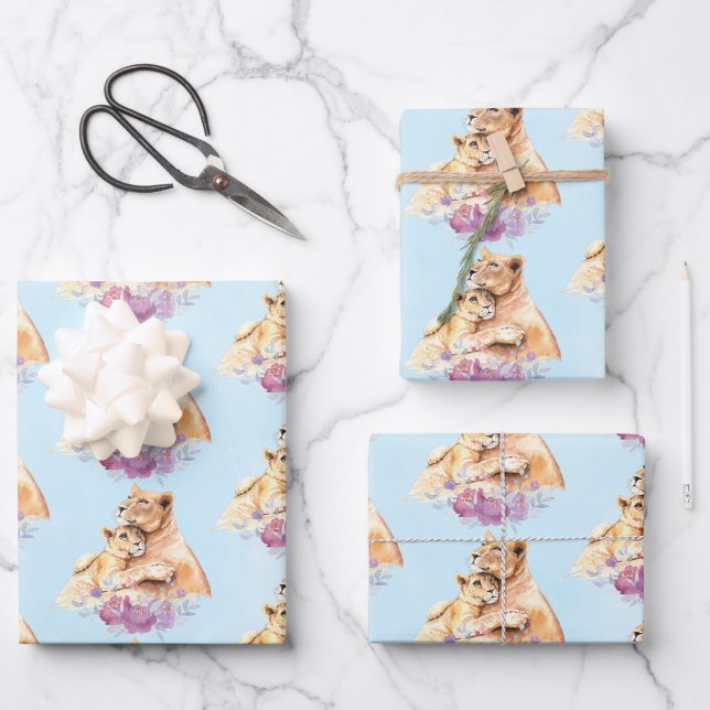 Feuille De Papier Cadeau Aquarelle mignonne Mère Lion & Cub (Recto)