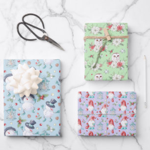 Feuille De Papier Cadeau Aquarelle mignonne Noël Snowman Gnome Owl