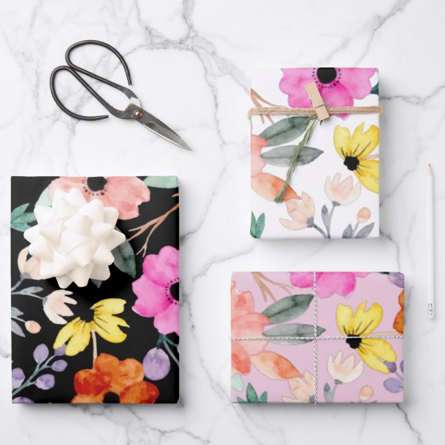 Feuille De Papier Cadeau Aquarelle moderne Florale Fleurs botaniques (Recto)