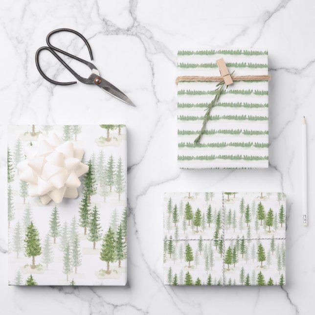 Feuille De Papier Cadeau Aquarelle moderne Noël Arbres verts (Recto)