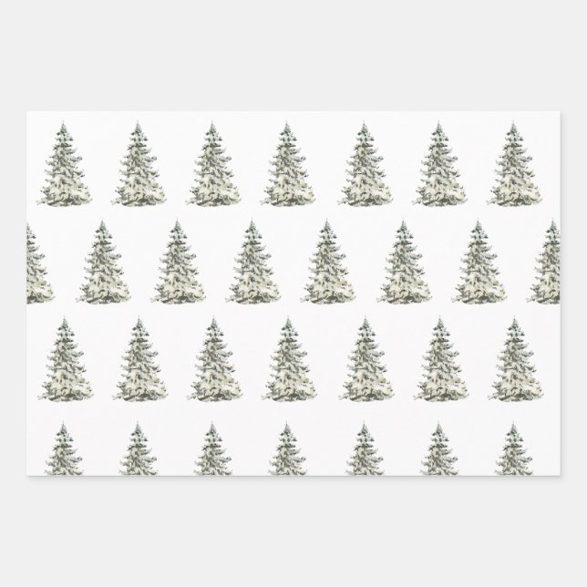 Feuille De Papier Cadeau Aquarelle moderne sapin vert de Noël (Devant)