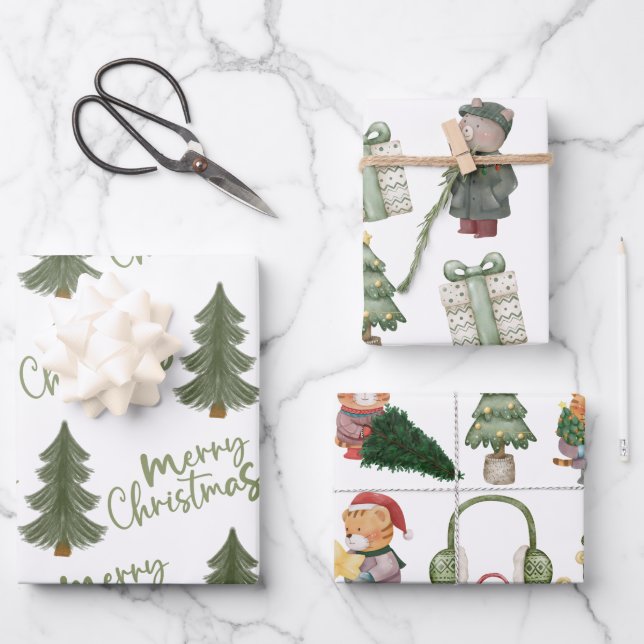 Feuille De Papier Cadeau Aquarelle moderne sapin vert de Noël (Recto)