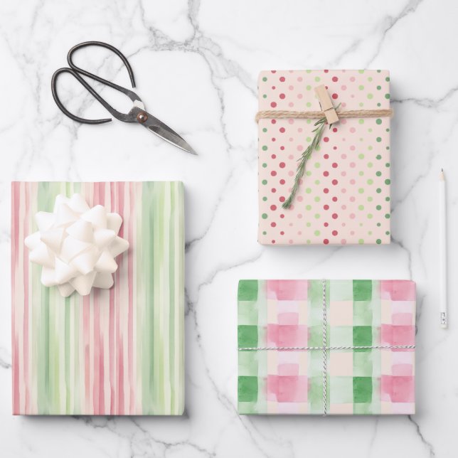 Feuille De Papier Cadeau Aquarelle moderne simple rose et vert (Recto)