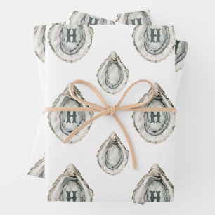 Feuille De Papier Cadeau Aquarelle Monogramme d'huîtres côtières