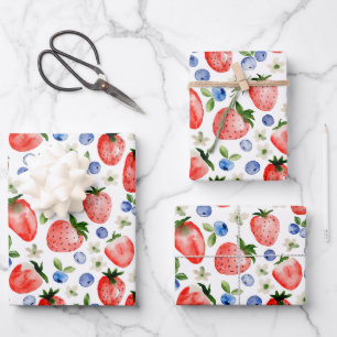 Feuille De Papier Cadeau Aquarelle Motif de fraises et bleuets