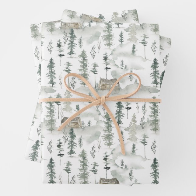 Feuille De Papier Cadeau Aquarelle Motif de pin sauvage (En situation)