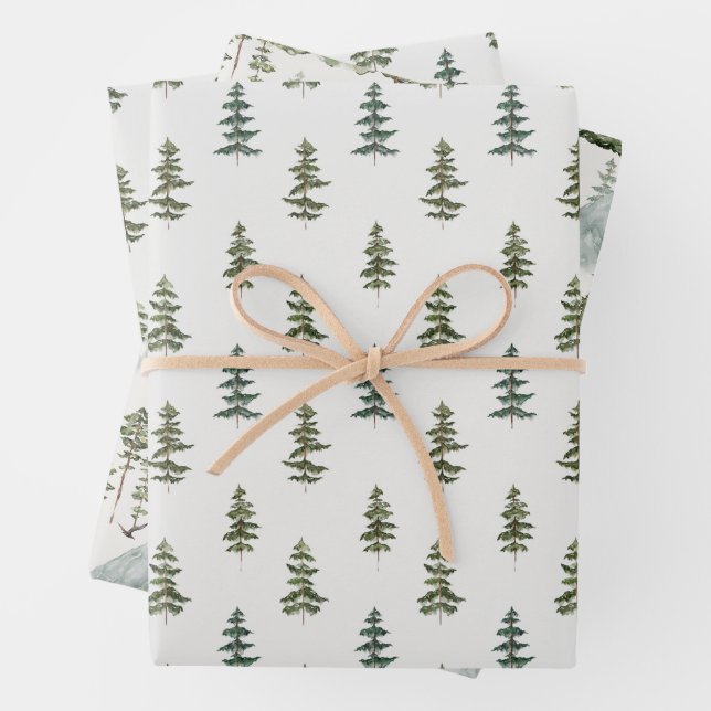 Feuille De Papier Cadeau Aquarelle Motif de pin sauvage (En situation)