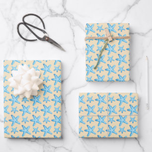 Feuille De Papier Cadeau Aquarelle Motif de poisson étoilé bleu