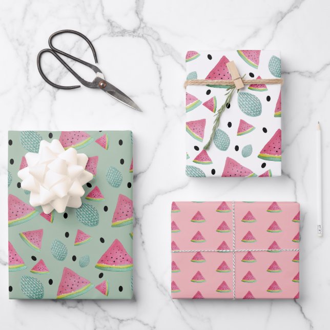 Feuille De Papier Cadeau Aquarelle Motif rose et verte (Recto)