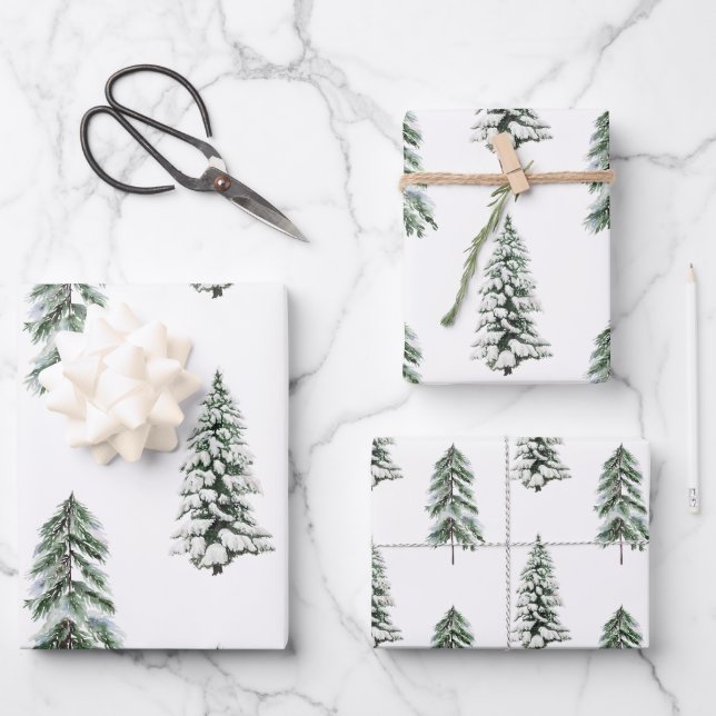 Feuille De Papier Cadeau Aquarelle neige Hiver Bois arbres (Recto)