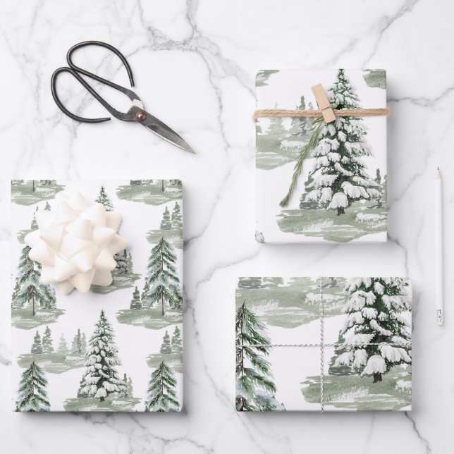 Feuille De Papier Cadeau Aquarelle neige Hiver Bois arbres (Recto)