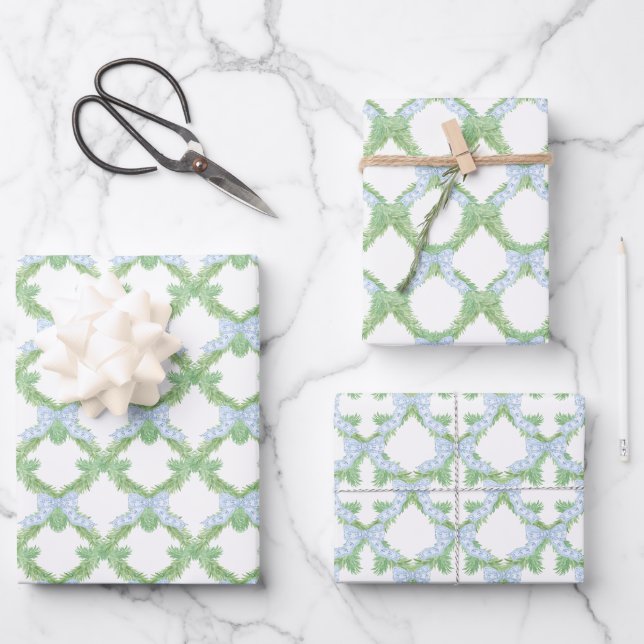 Feuille De Papier Cadeau Aquarelle Noël Blue Bow Garland (Recto)