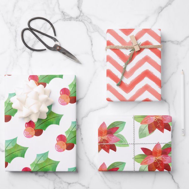 Feuille De Papier Cadeau Aquarelle Noël Holly Poinsettia envelopper cadeau (Recto)