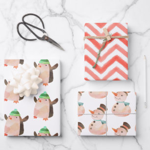 Feuille De Papier Cadeau Aquarelle Noël Pingouin Snowman enveloppement cade