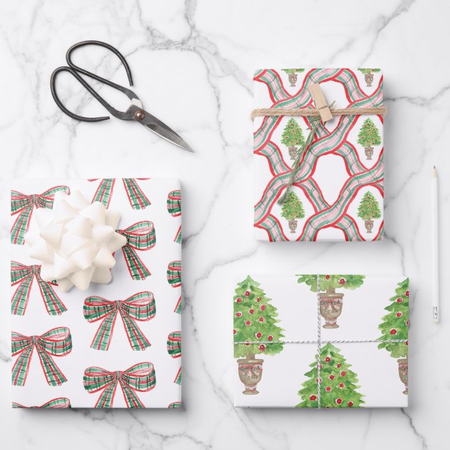 Feuille De Papier Cadeau Aquarelle Noël Plaid Bow & Topiary (Recto)