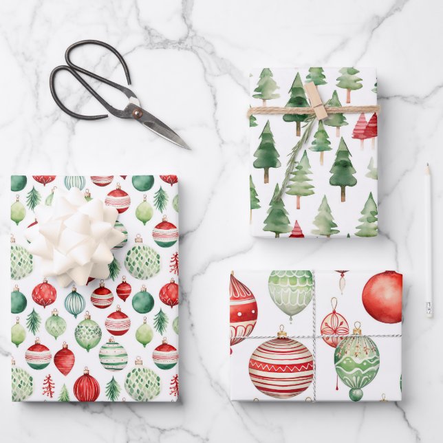 Feuille De Papier Cadeau Aquarelle Noël Rétro Ornements (Recto)