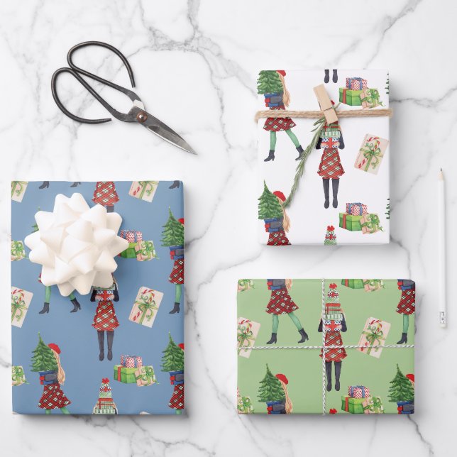 Feuille De Papier Cadeau Aquarelle Noël Shopping Mode Fille (Recto)