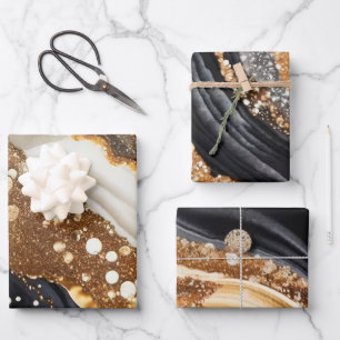 Feuille De Papier Cadeau Aquarelle Noir & Or Parties scintillant Agate Encr