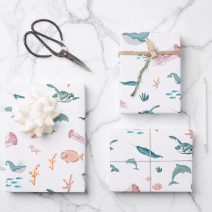 Feuille De Papier Cadeau Aquarelle Océan Motif d'animaux marins