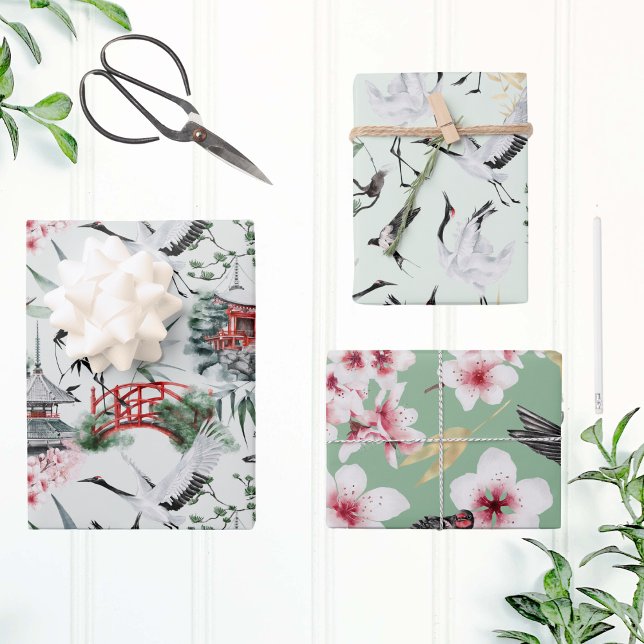 Feuille De Papier Cadeau Aquarelle Oiseau Botanique Japonais Motif de la na (Créateur téléchargé)