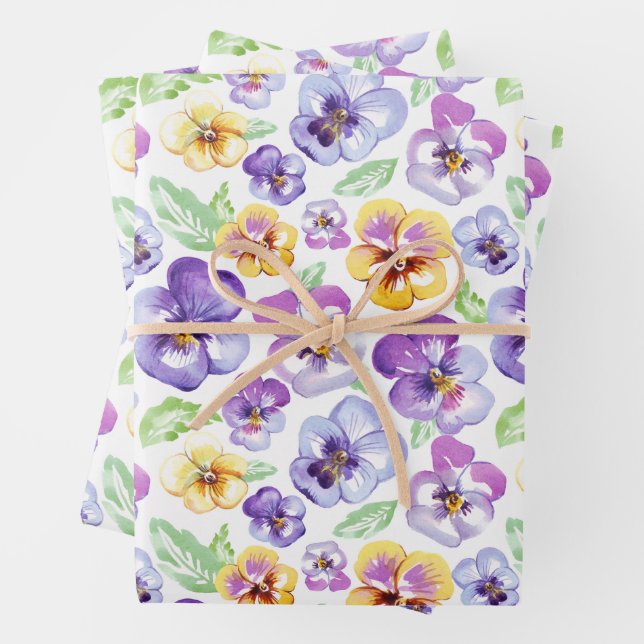 Feuille De Papier Cadeau Aquarelle Pansy Flowers (En situation)