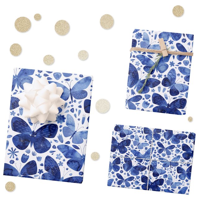 Feuille De Papier Cadeau Aquarelle papillon bleu ( Blue and white watercolor butterfly pattern gift wrapping paper)