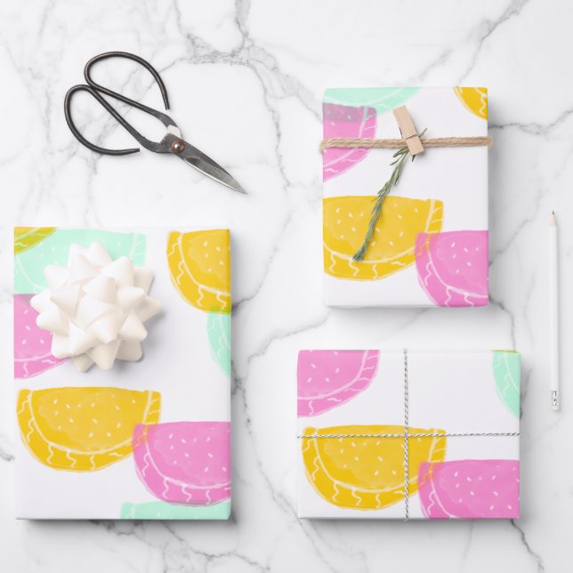 Feuille De Papier Cadeau Aquarelle pastèque rose vert jaune Motif (Recto)