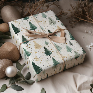 Feuille De Papier Cadeau Aquarelle Pine Tree Vert Or Noël