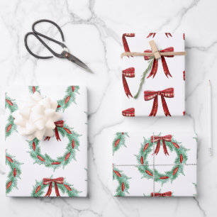 Feuille De Papier Cadeau Aquarelle Plaid Ruban Wreath Noël