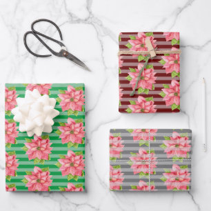 Feuille De Papier Cadeau Aquarelle Poinsettia sur les rayures