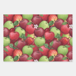 Feuille De Papier Cadeau Aquarelle Pomme Rouge, Verte et Granny Smith
